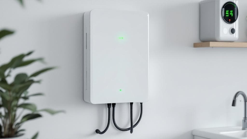 Home battery storage unit mounted on a garage wall